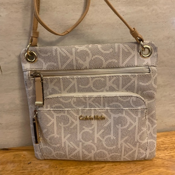 Calvin Klein Tan and White Crossbody Bag with Monogram - Picture 1 of 9